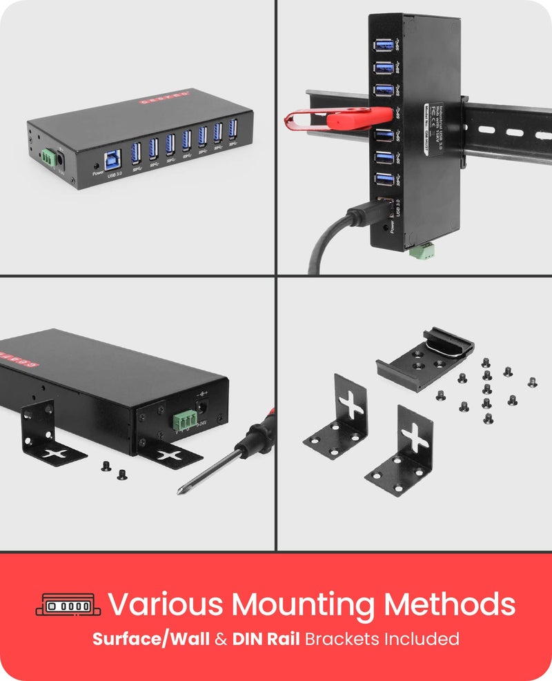 Gearmo 7 Port USB 3.0 Hub w/Surge Protection, Rugged Metal Enclosure Ready to Mount on DIN Rail or Wall, Compatible with Windows 7/8/10/11, MacOS & Linux - Image 4